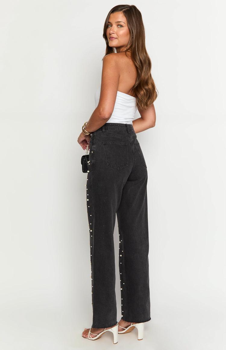 Denim Dazzle Pearl Black High Waisted Jeans Girls Product Image