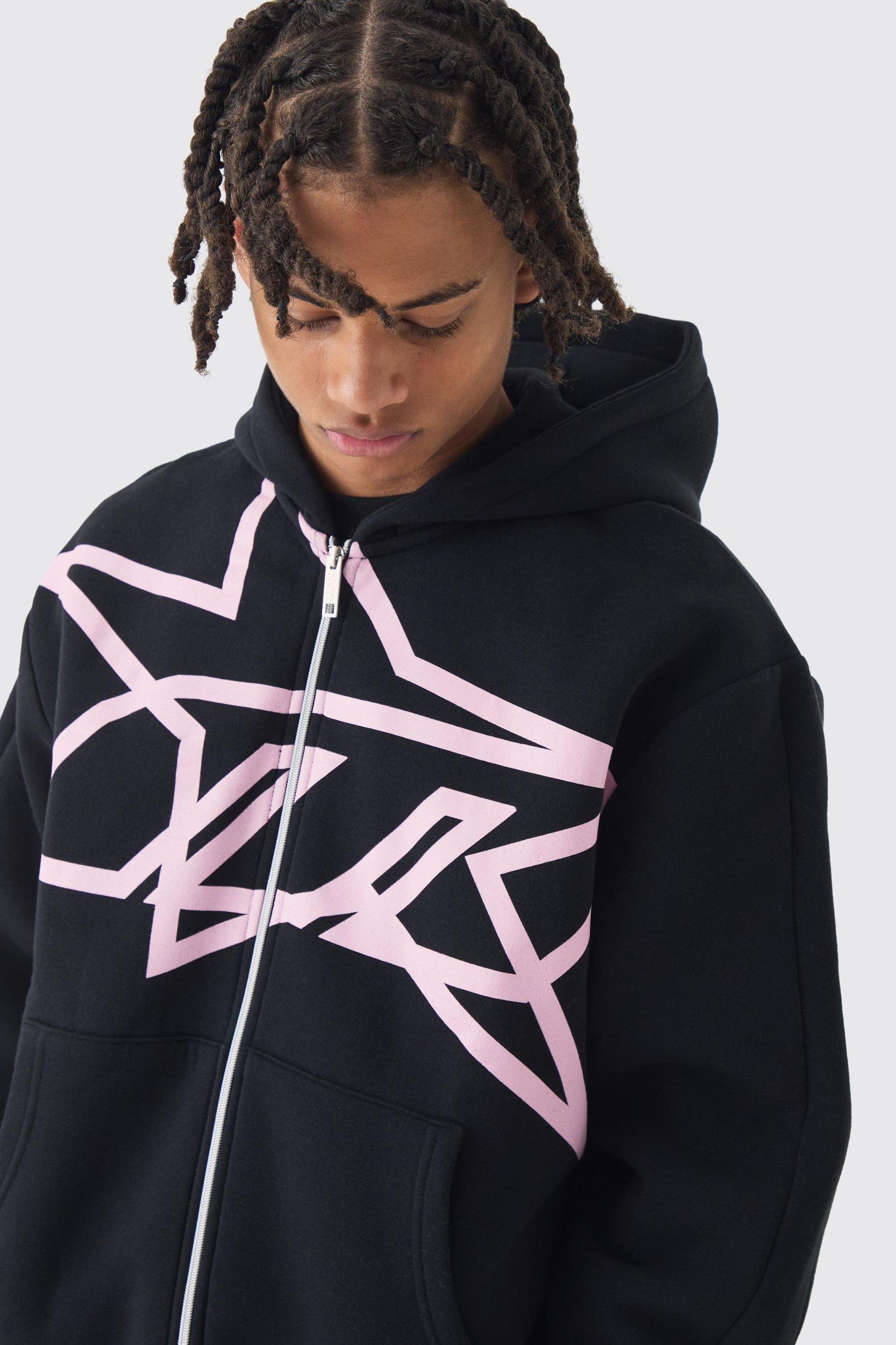 Oversized Boxy Star Printed Zip Through Hoodie | boohooMAN USA Product Image