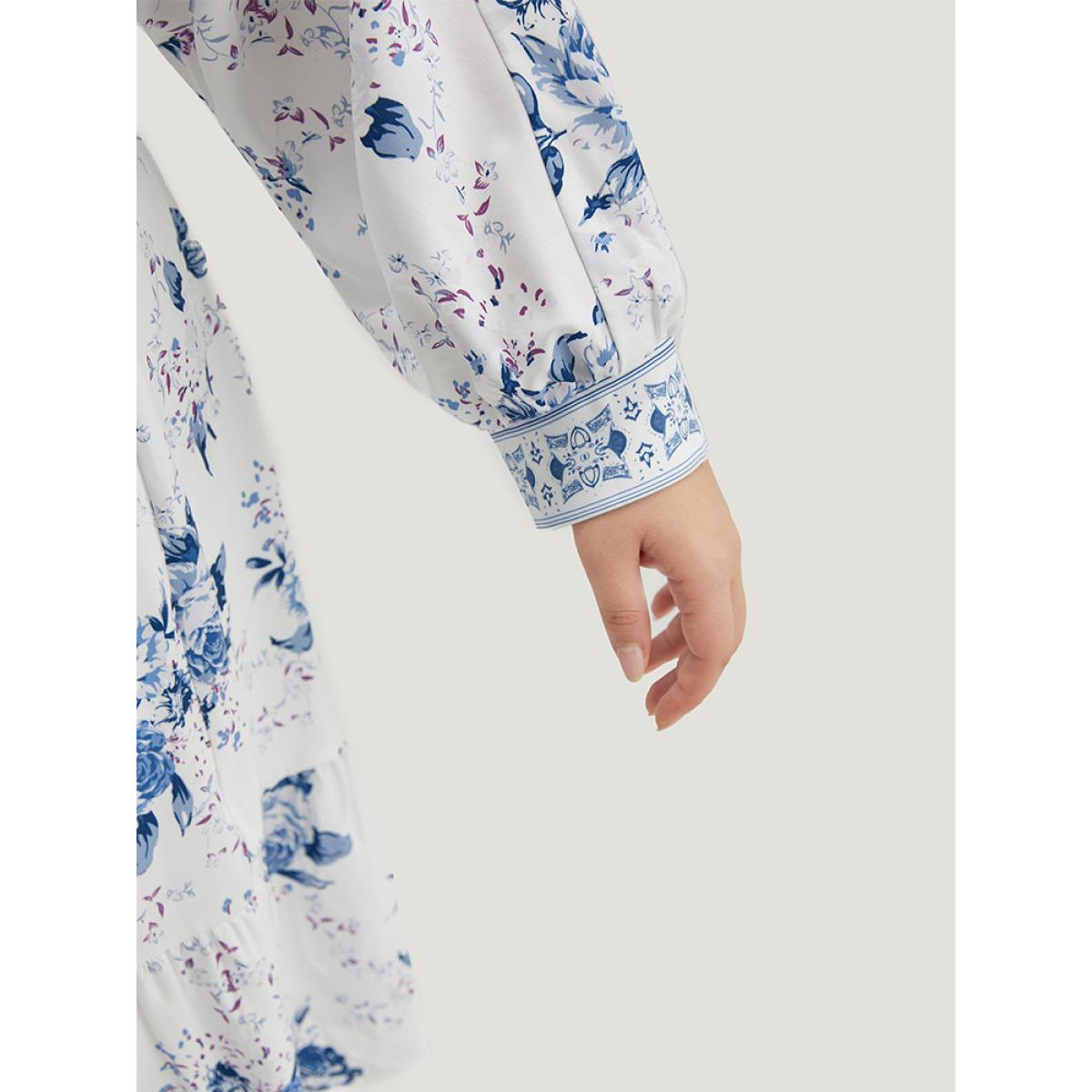 Plus Size Floral Print Lantern Sleeve Pocket Ruffle Dress Stone Women Vacation Printed V-neck Long Sleeve Curvy Midi Dress BloomChic 30/6X Product Image