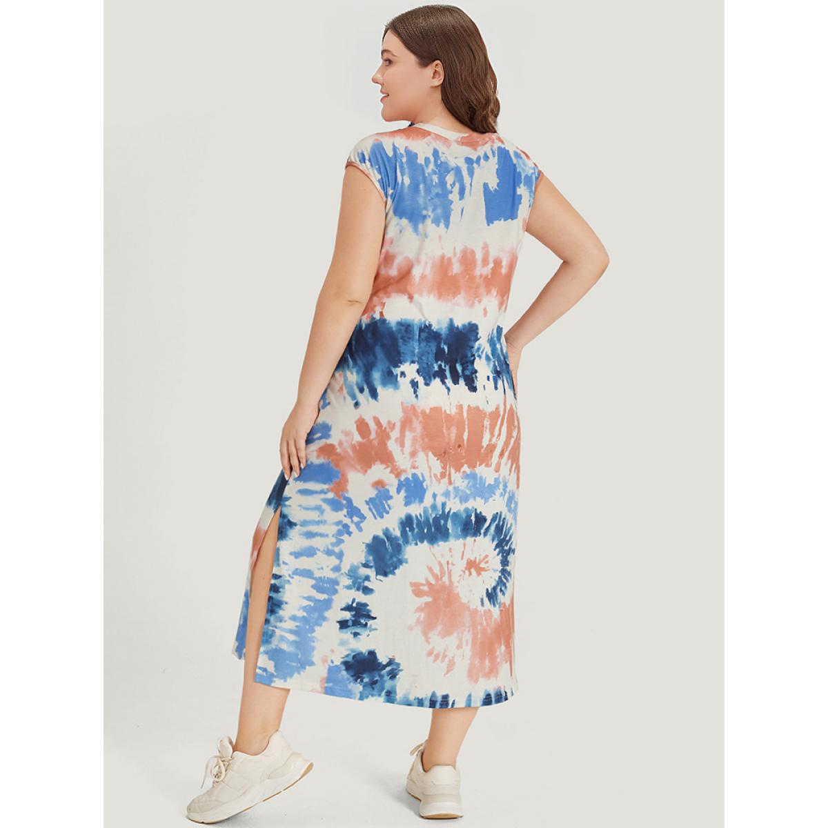 Plus Size Tie Dye Split Hem Pocket Crew Neck Sleeveless Dress Multicolor Women Casual Tie Dye Round Neck Sleeveless Curvy Midi Dress BloomChic 22-24/3X Product Image