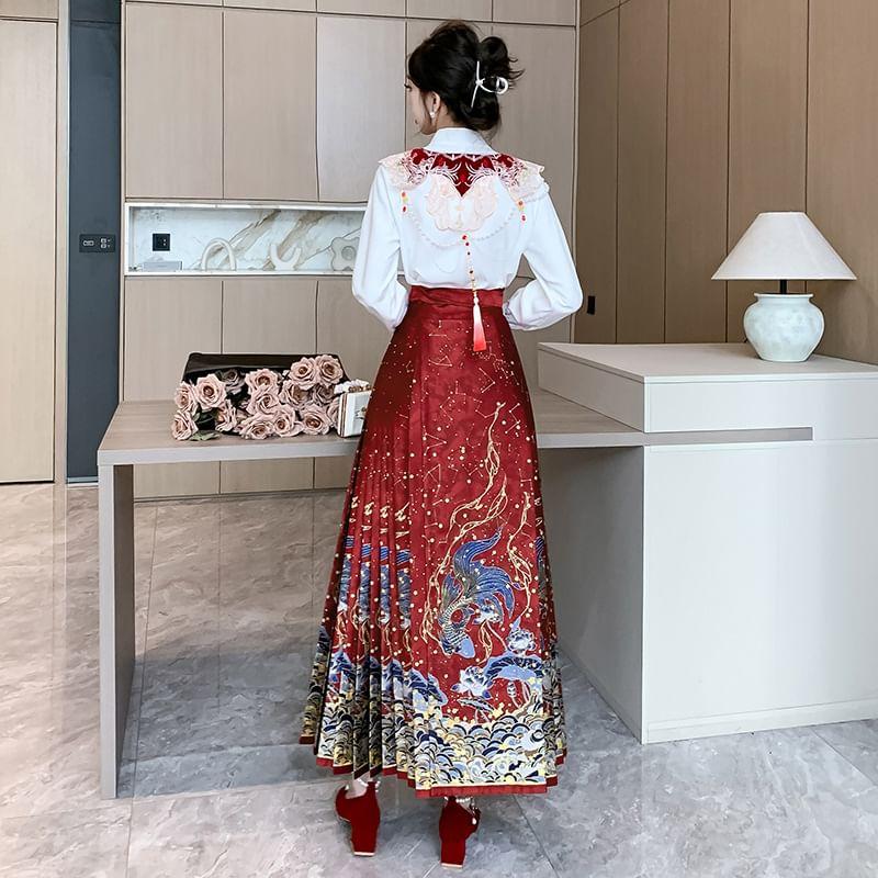 Traditional Chinese Long-Sleeve Frog Button Blouse / Shawl / High Waist Jacquard Pleated Ma Mian Skirt / Plain A-Line Skirt / Set (Various Designs) Product Image