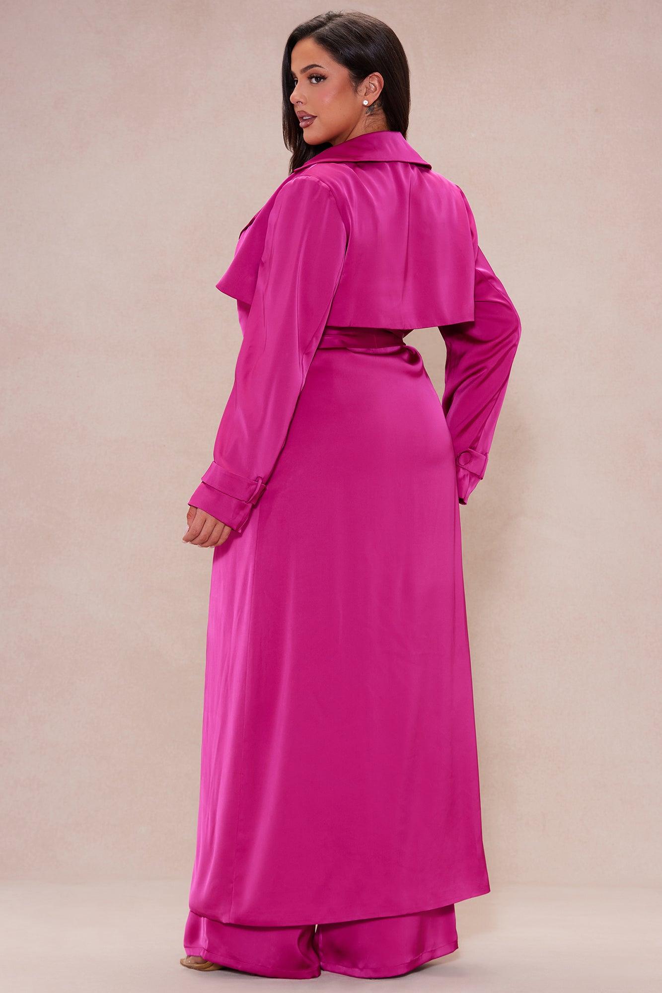 Gabriella Satin Trench Coat And Pant Set - Hot Pink Product Image