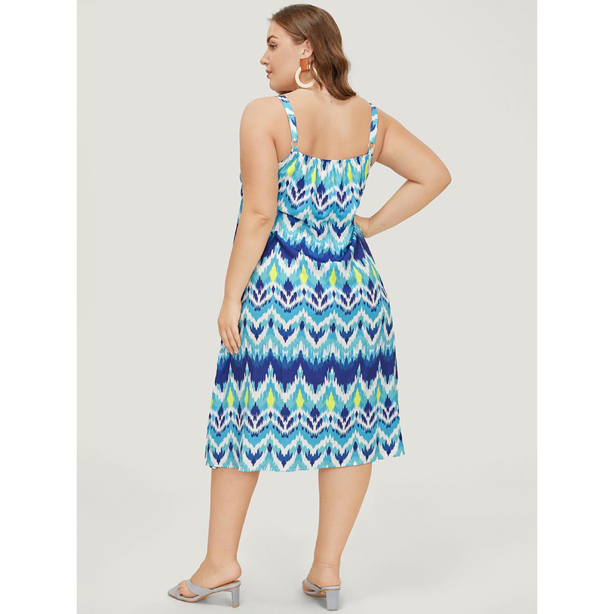 Plus Size Bandana Geometric Ruffles Hem Pocket Spaghetti Strap Dress LightBlue Women Vacation Spaghetti Strap Sleeveless Curvy Midi Dress BloomChic 28/5X Product Image