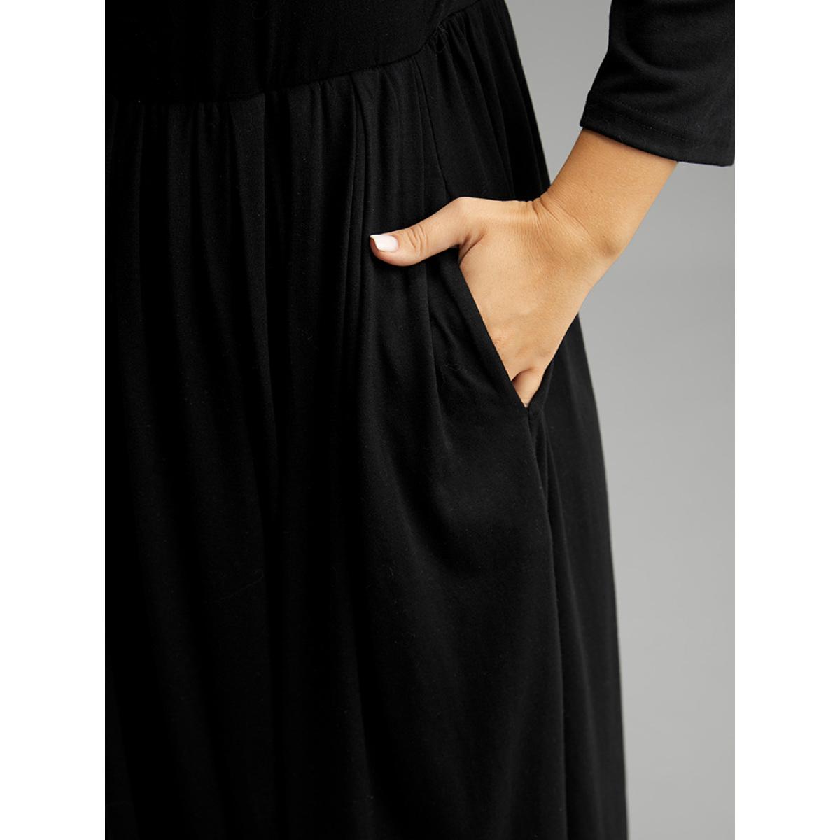 Plus Size Supersoft Essentials Square Neck Ruched Dress Black Women Casual Gathered Square Neck Elbow-length sleeve Curvy Midi Dress BloomChic 12/L Product Image