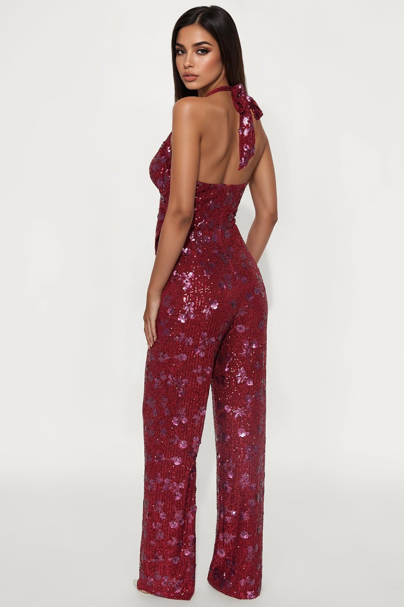 Natalia Sequin Halter Jumpsuit - Burgundy Female Product Image