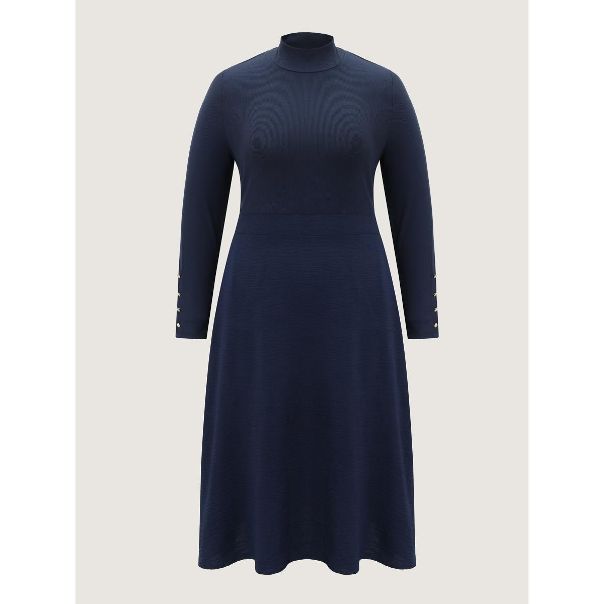 Plus Size Mock Neck Waist-Defining Button Midi Dress Indigo Women Timeless Texture Round Neck Long Sleeve Curvy BloomChic 30/6X Product Image