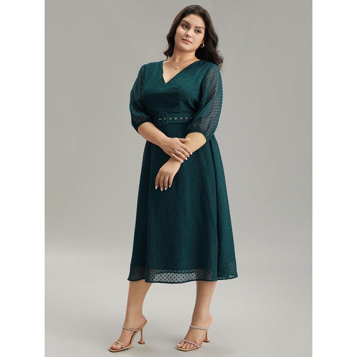 Plus Size Solid Texture Pocket Belted Mesh Patchwork Dress Aegean Women Glamour Elastic cuffs V-neck Elbow-length sleeve Curvy Midi Dress BloomChic 18-20/2X Product Image
