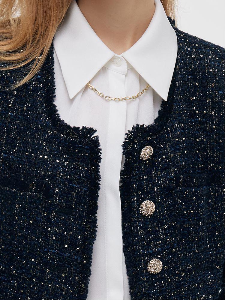 Wool Blend Tweed Square Neck Women Crop Jacket Product Image