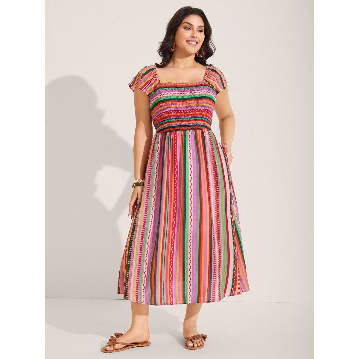 Plus Size Colorful Stripe Flutter Sleeve Pockets Midi Dress Multicolor Women Playful Square Neck Cap Sleeve Curvy BloomChic 10/M Product Image