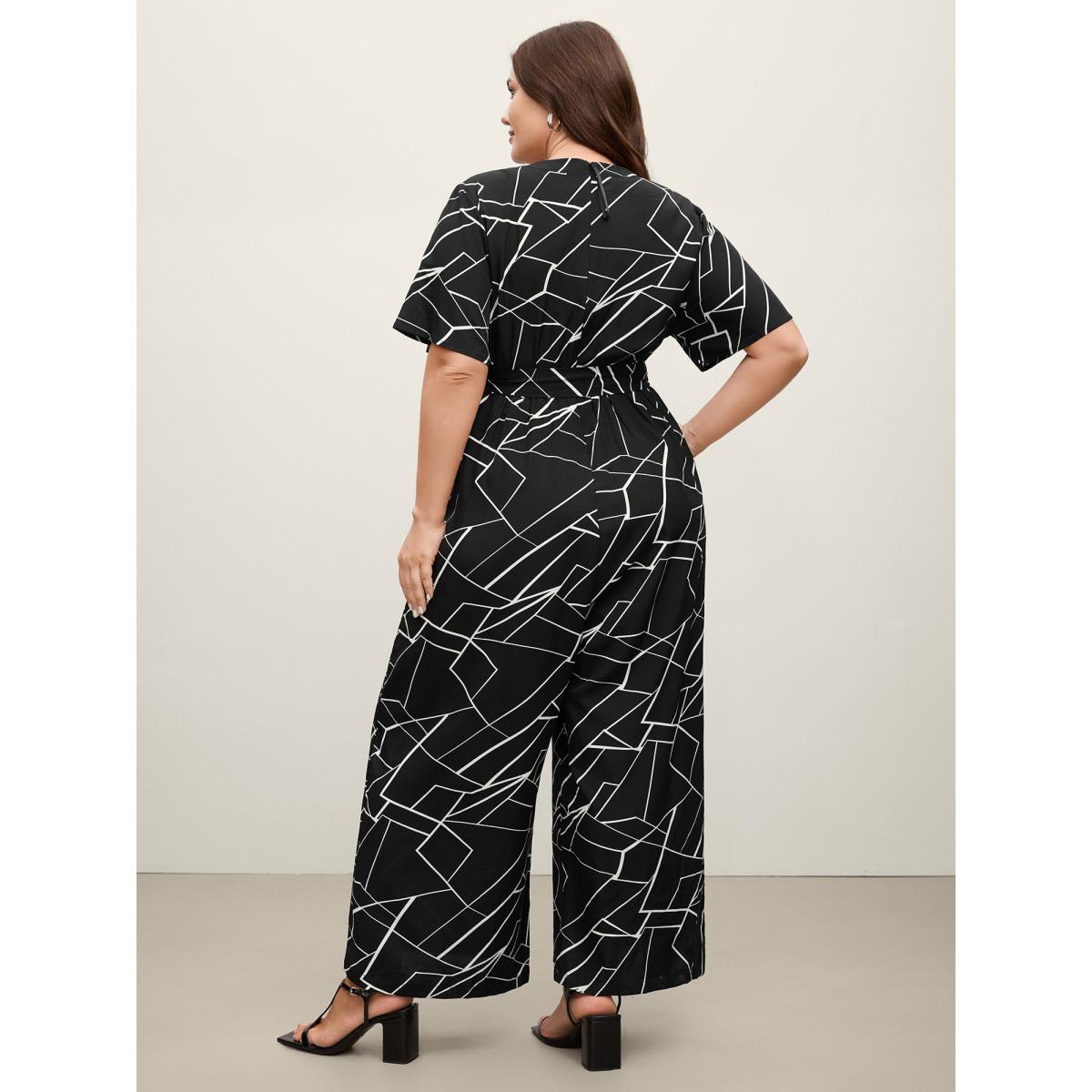 Plus Size Black Geometric Print Waist-Defining Belted Jumpsuit Women Short sleeve Flat collar with V-notch Work Loose Jumpsuits BloomChic 26/4X Product Image