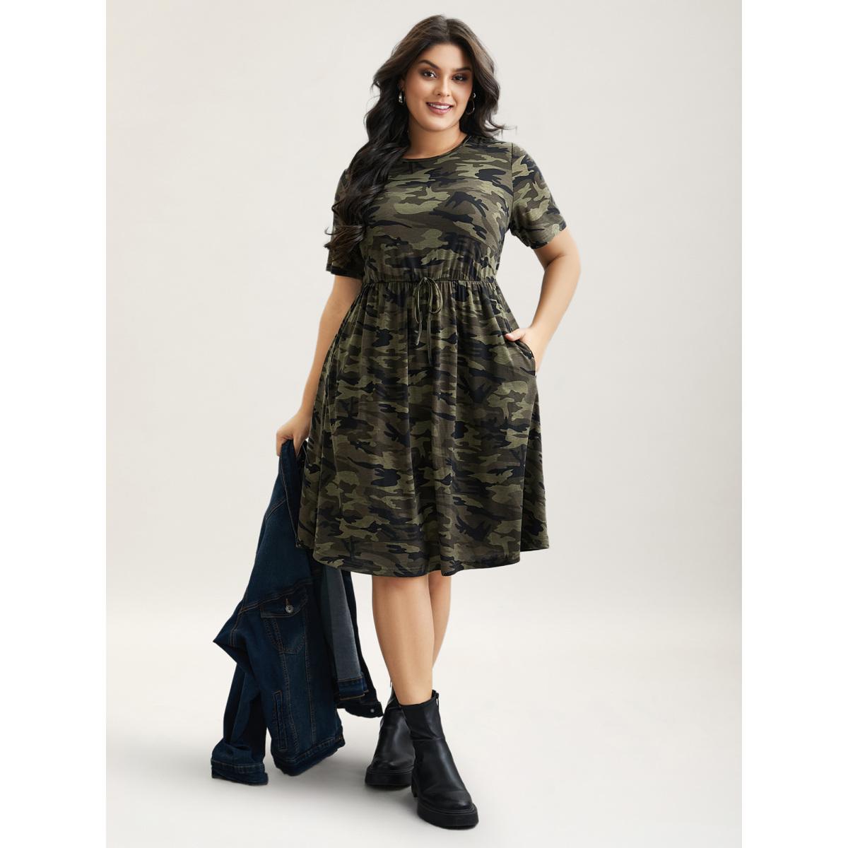 Plus Size Camouflage Print Round Neck Pockets Midi Dress ArmyGreen Women Leisure Tie knot Knit Dresses Bloomchic 22-24/3X Product Image