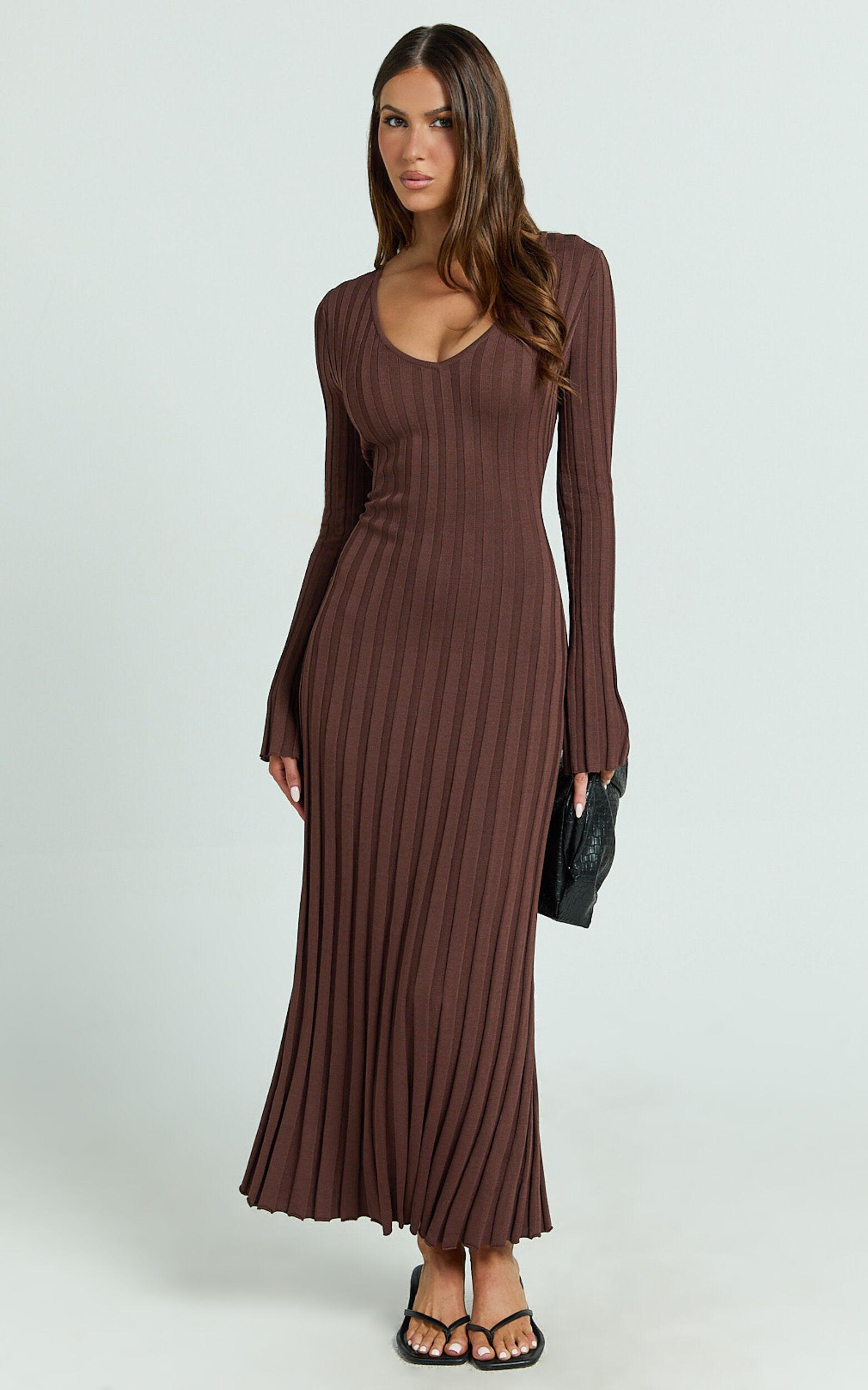 Astra Maxi Dress - V Neck Long Sleeve Knit Dress in Chocolate Product Image