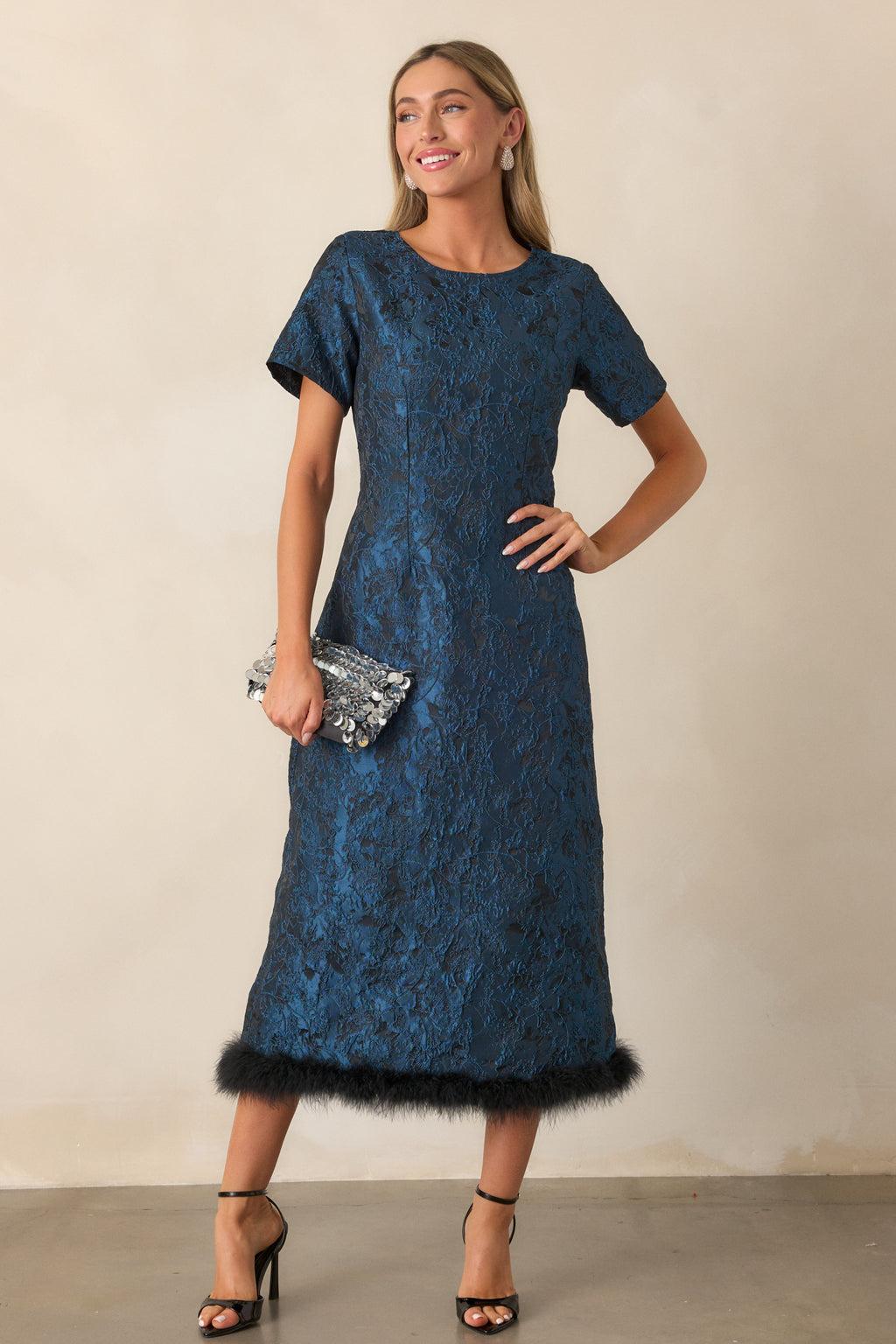 Glamour in Motion Dark Teal Jacquard Midi Dress Product Image