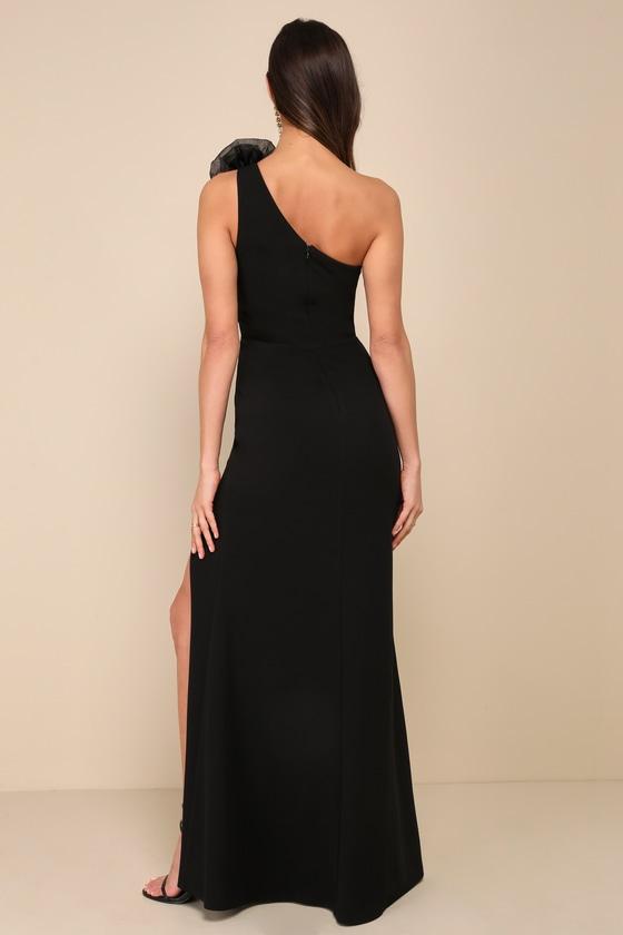 Divine Poise Black One-Shoulder Rosette Mermaid Maxi Dress Product Image