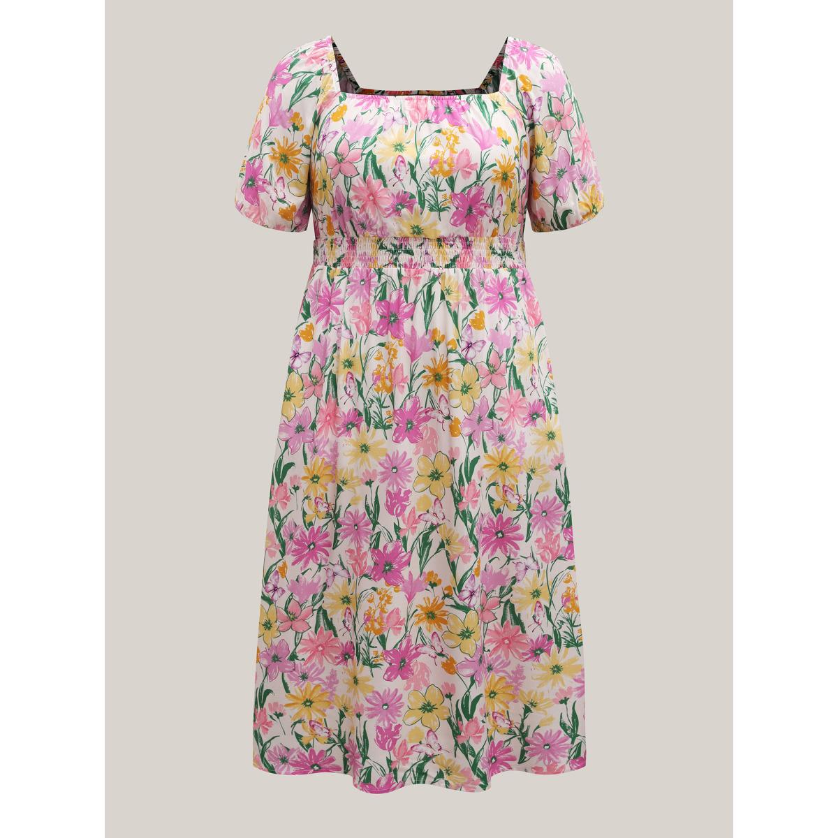 Plus Size Sweet Floral Print Square Neck Midi Dress Lilac Women Square Neck Short sleeve Curvy BloomChic 12/L Product Image
