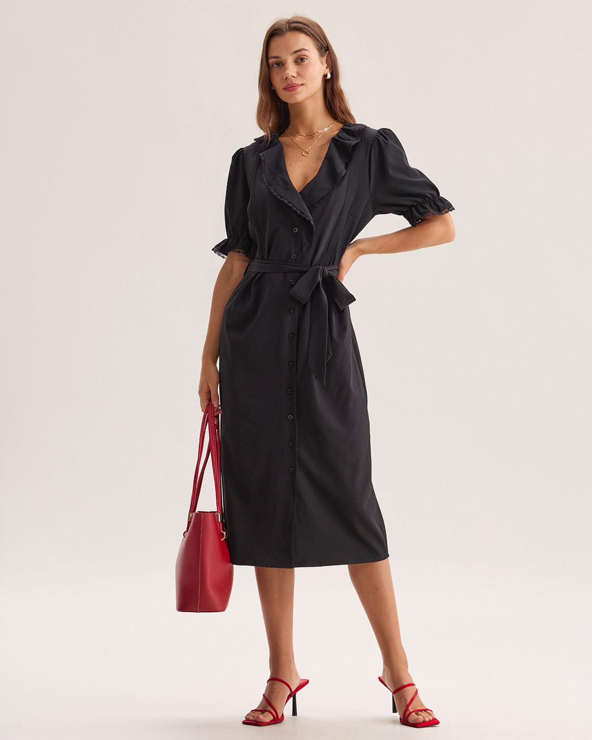 Black Ruffle Belted Maxi Dress Product Image