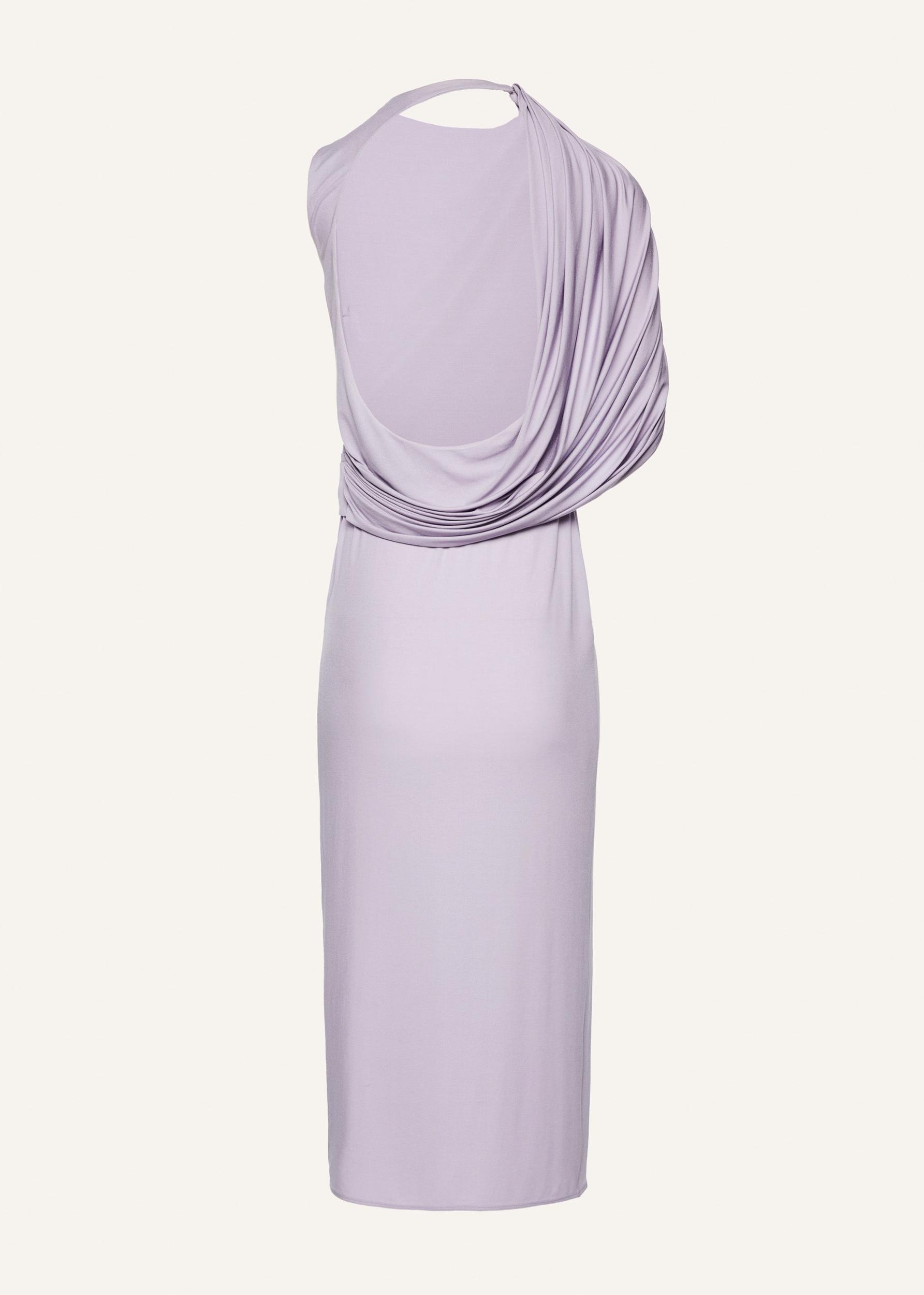 Asymmetrical draped midi dress in purple Product Image