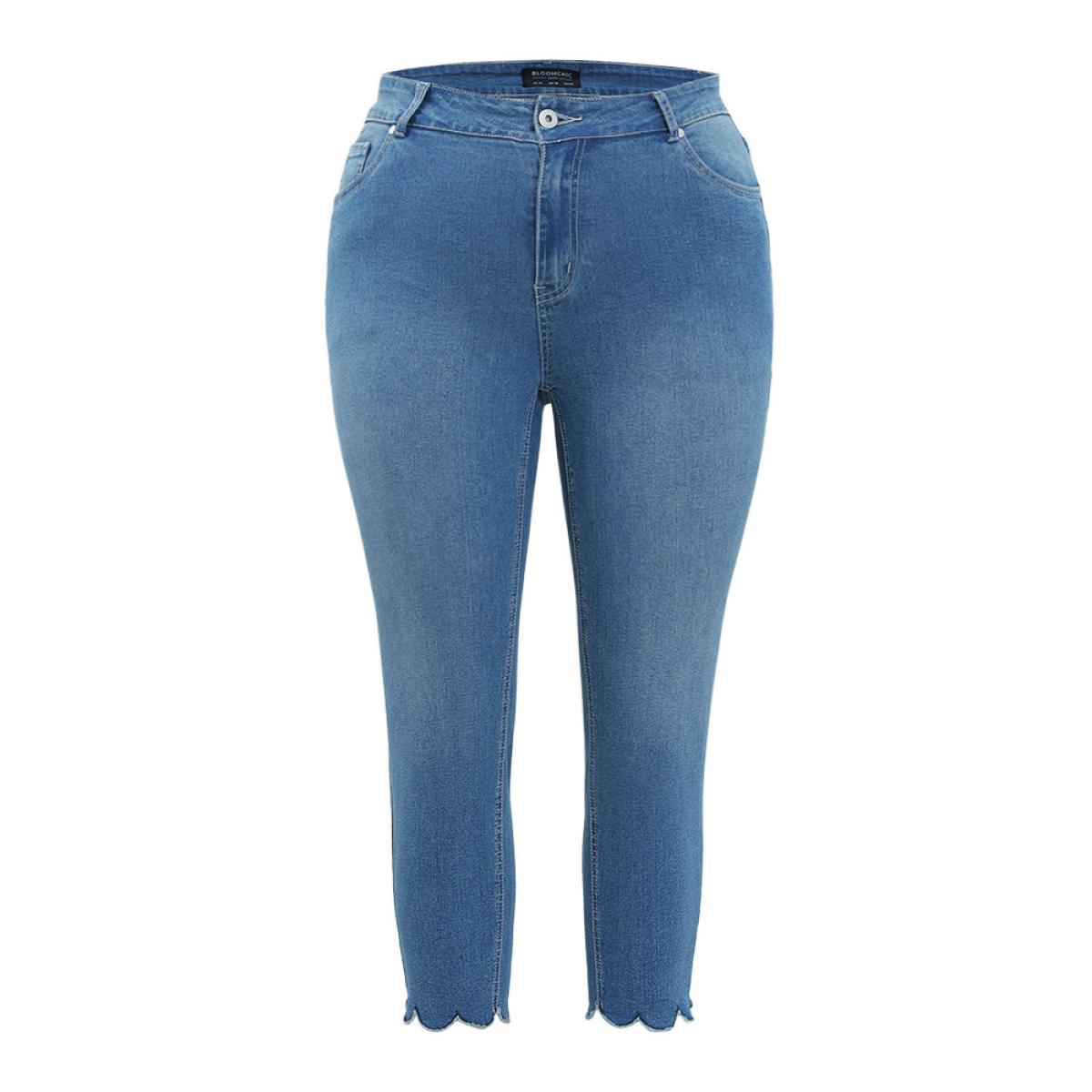Plus Size Very Stretchy High Rise Medium Wash Scalloped Hem Jeans Women Blue Casual Plain Embroidered High stretch Pocket Jeans BloomChic 20/2X Product Image
