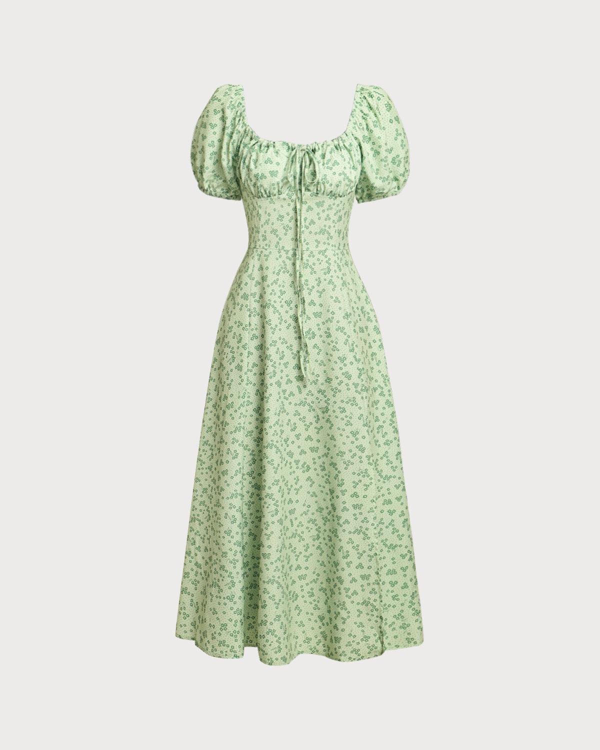 Green Floral Square Neck Puffed Sleeve Midi Dress Product Image