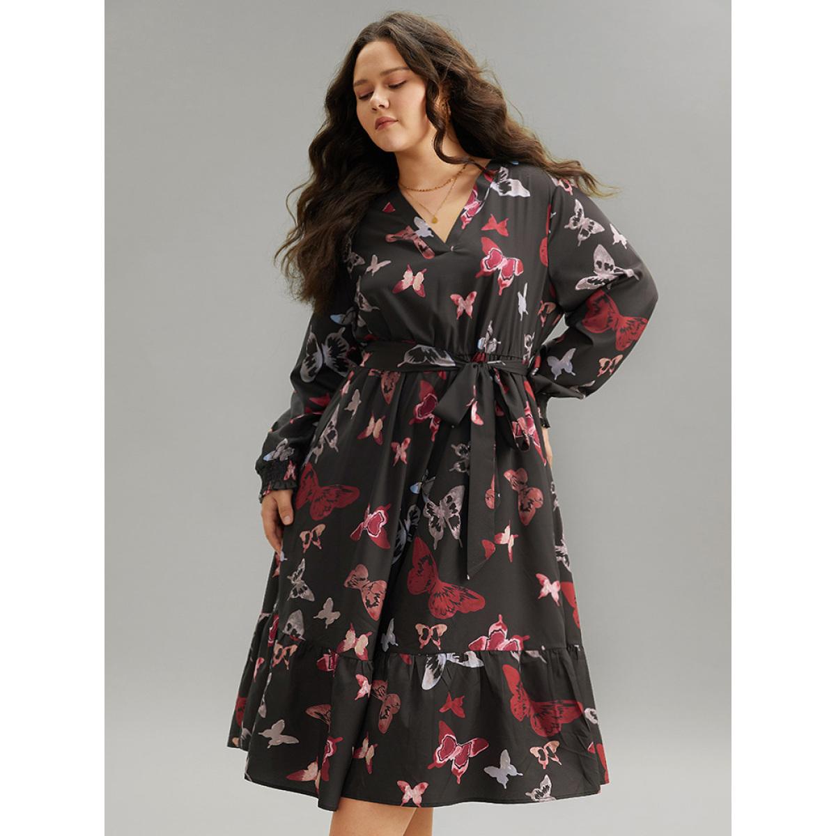 Plus Size Butterfly Print Shirred Belted Layered Dress Black Women Elegant Belted V-neck Long Sleeve Curvy Midi Dress BloomChic 22-24/3X Product Image