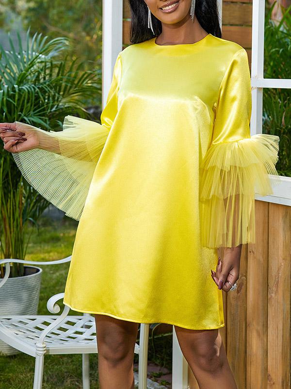 Half Sleeves Loose Shiny Solid Color Split-Joint Tulle Round-Neck Mini Dresses Product Image