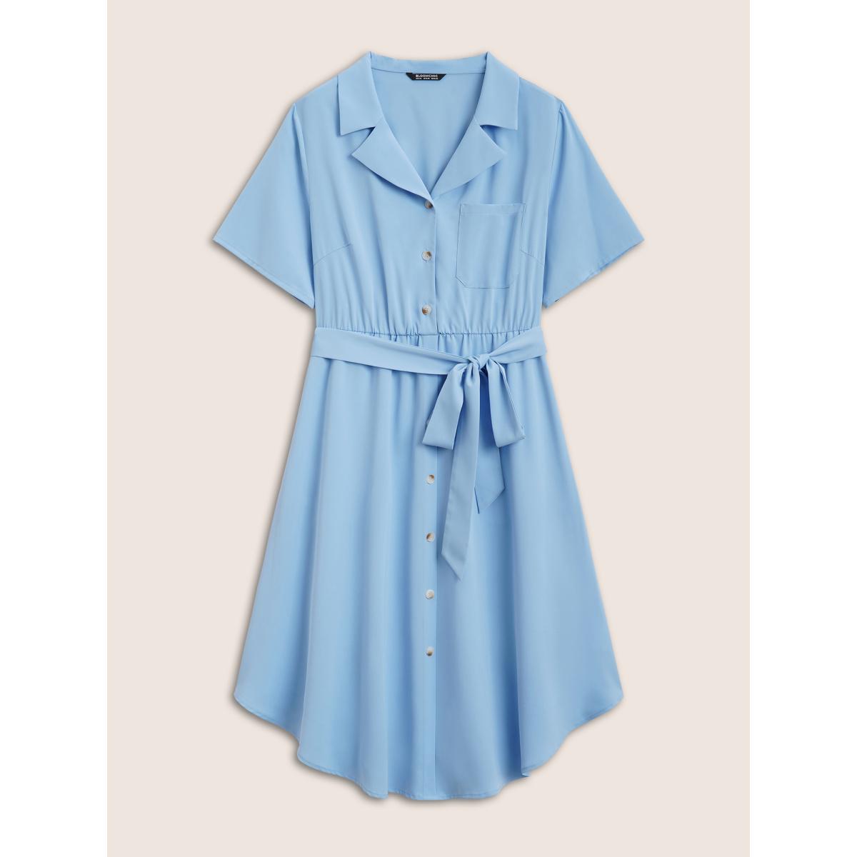 Plus Size Suit Collar Plain Button Up Dress LightBlue Women At the Office Belted Suit Collar Short sleeve Curvy BloomChic 26/4X Product Image