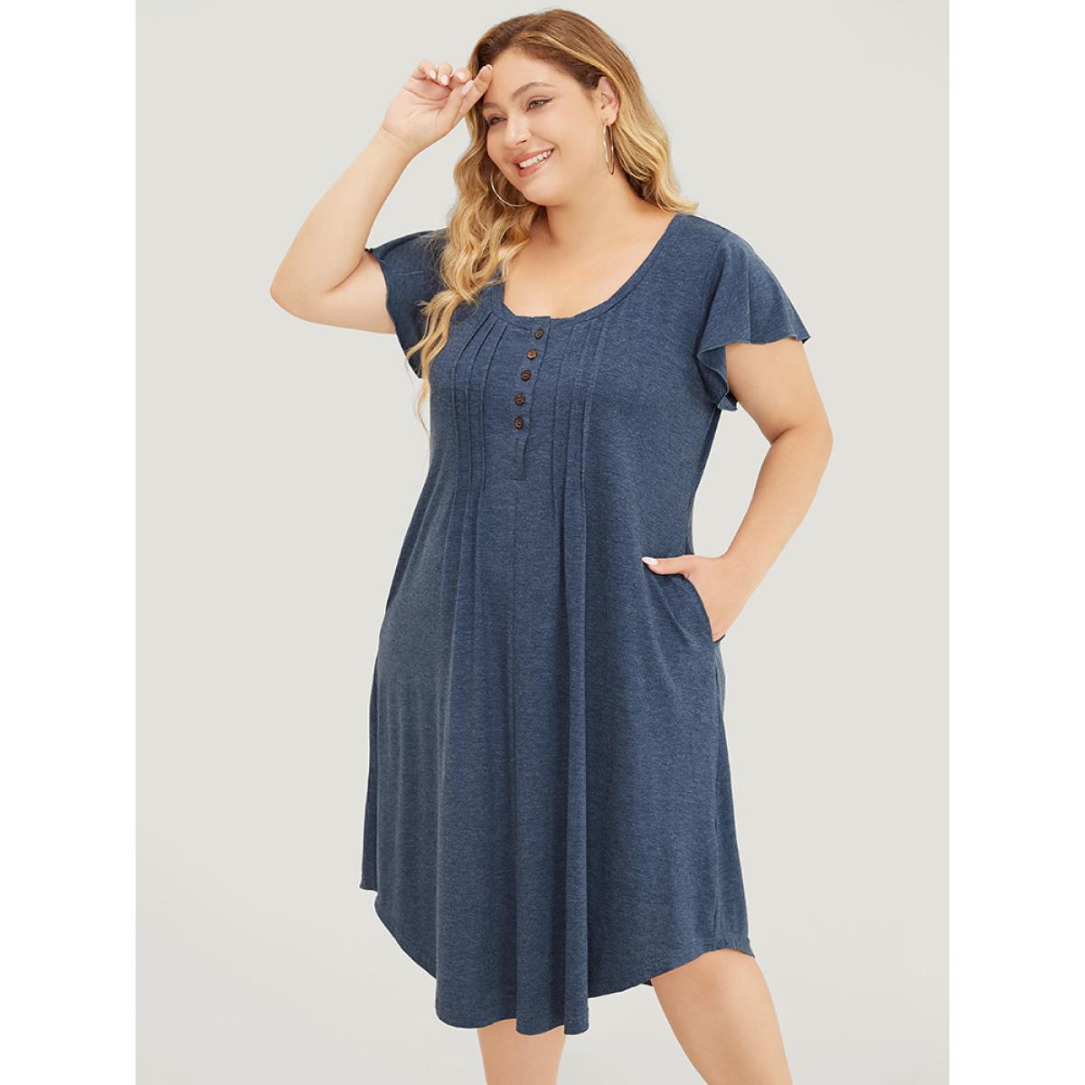 Plus Size Plain Pleated Ruffle Sleeve Pocket Button Up Curved Hem Dress Stone Women Casual Arc Hem Round Neck Cap Sleeve Curvy Midi Dress BloomChic 28/5X Product Image