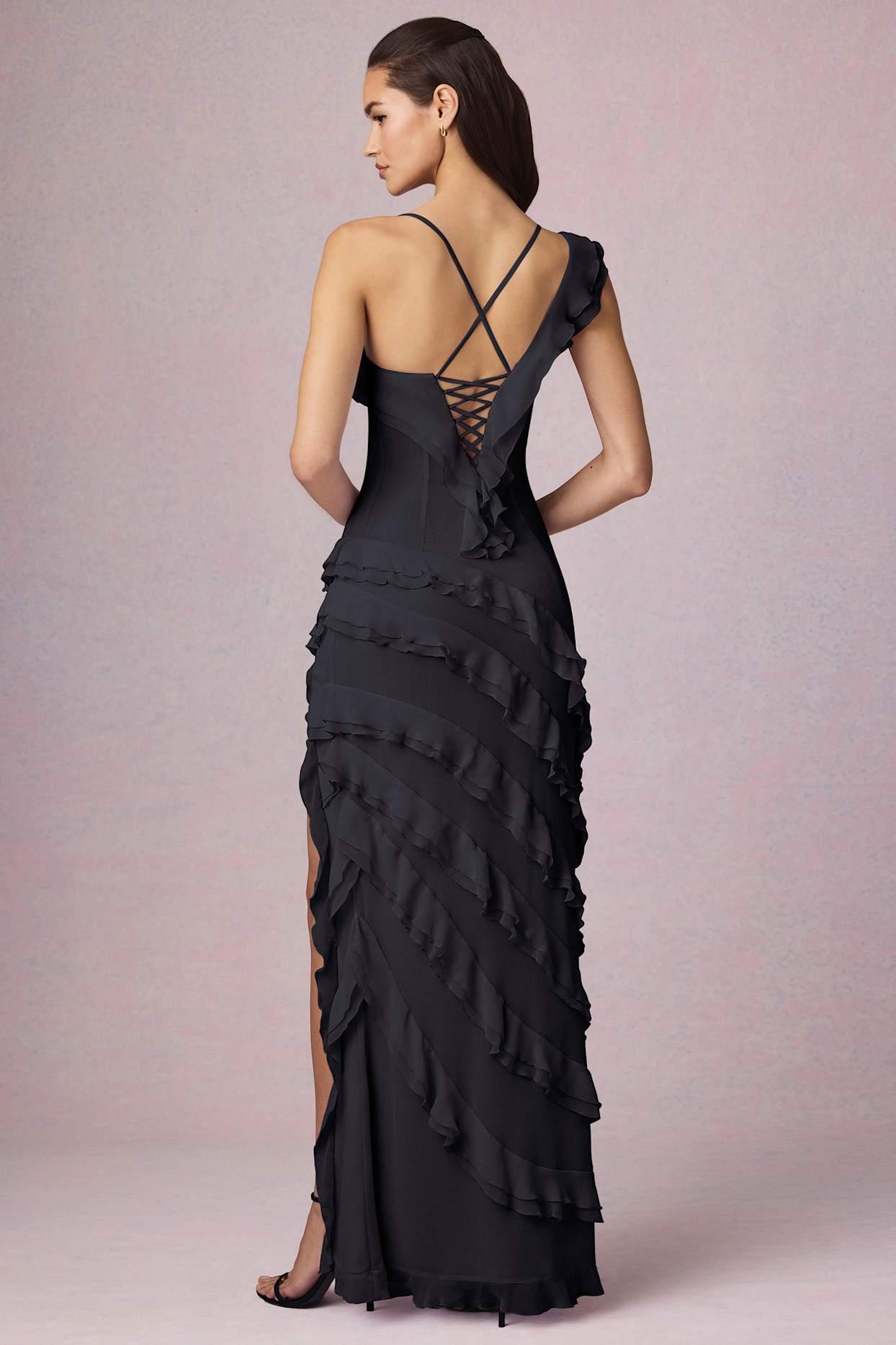 Asymmetric Ruffled Lace-Up Gown in Black Product Image