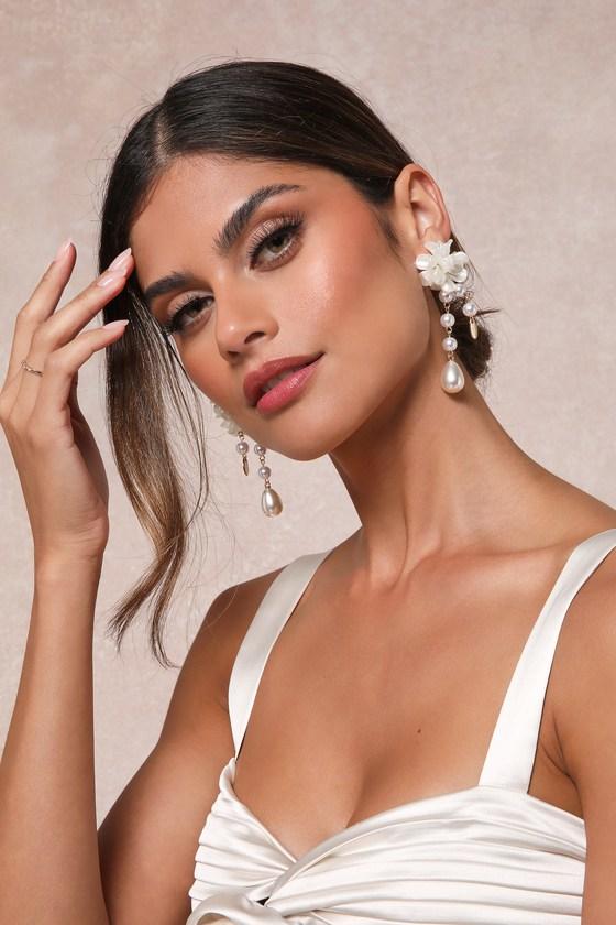 Beautiful Charm Gold and Ivory Floral Pearl Drop Earrings Product Image