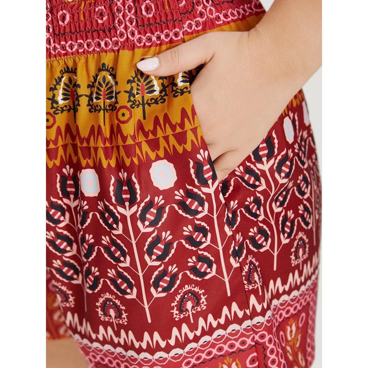 Plus Size Boho Print Pocket Elastic Waist Shorts Women Multicolor Vacation Shirred Dailywear Shorts BloomChic 30/6X Product Image
