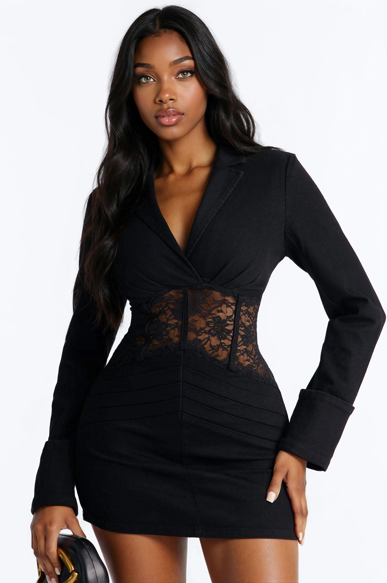 Rebecca Long Sleeve Stretch Denim Mini Dress - Black Female Product Image