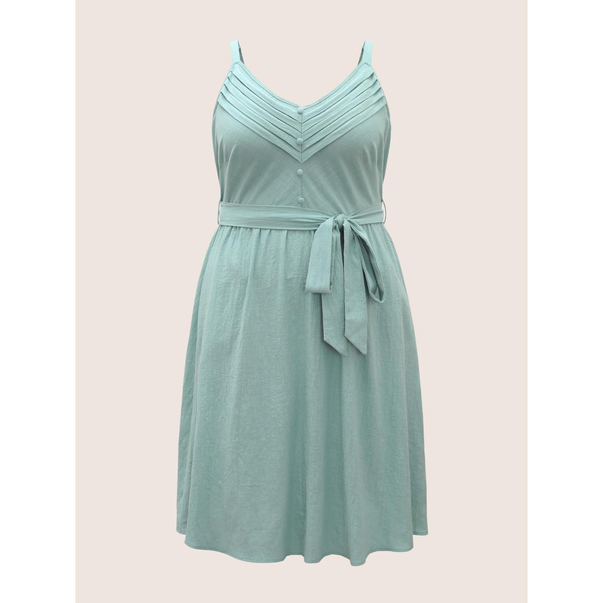 Plus Size Cotton Solid Pleated Button Detail Belted Dress Mint Women Casual Belted V-neck Sleeveless Curvy BloomChic 26/4X Product Image