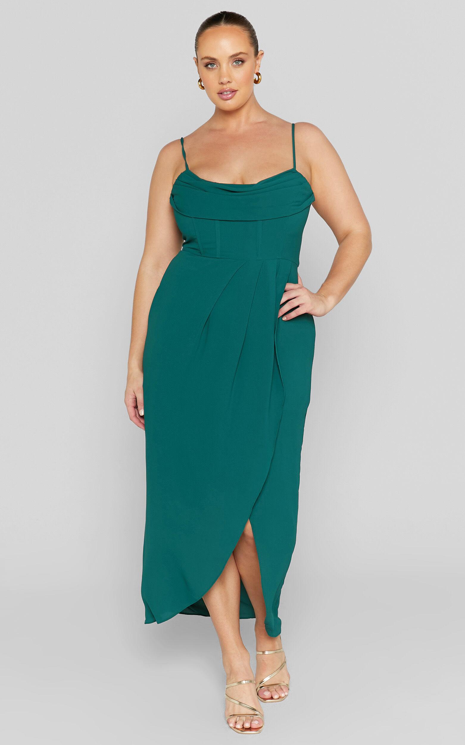 Andrina Midi Dress - High Low Wrap Corset Dress in Forest Green Product Image
