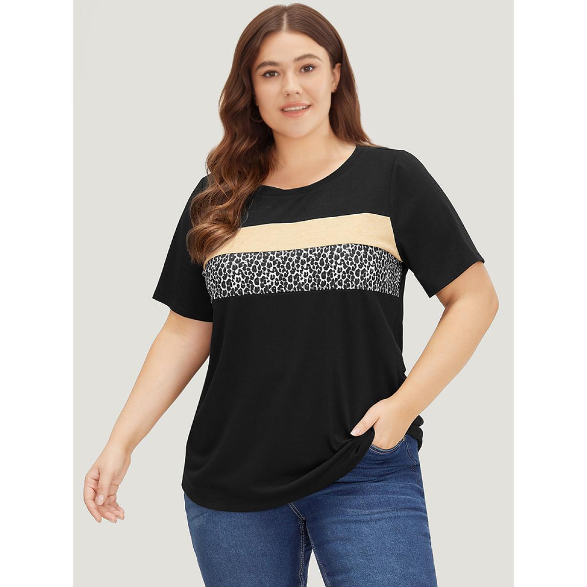 Plus Size Supersoft Essentials Leopard Colorblock Contrast Round Neck T-shirt Multicolor Women Casual Leopard Round Neck Dailywear T-shirts BloomChic 22-24/3X Product Image