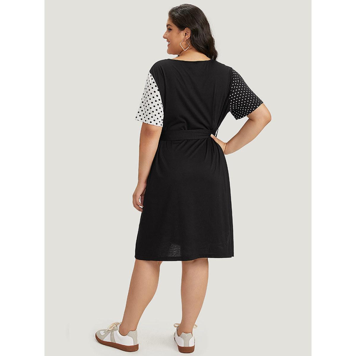 Plus Size Supersoft Essentials Polka Dot Pocket Patchwork Belted Dress Black Women Casual Belted Round Neck Short sleeve Curvy Midi Dress BloomChic 14-16/1X Product Image