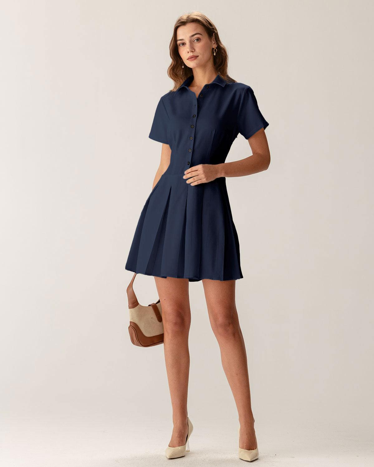 Navy Button Pleated Mini Dress Product Image