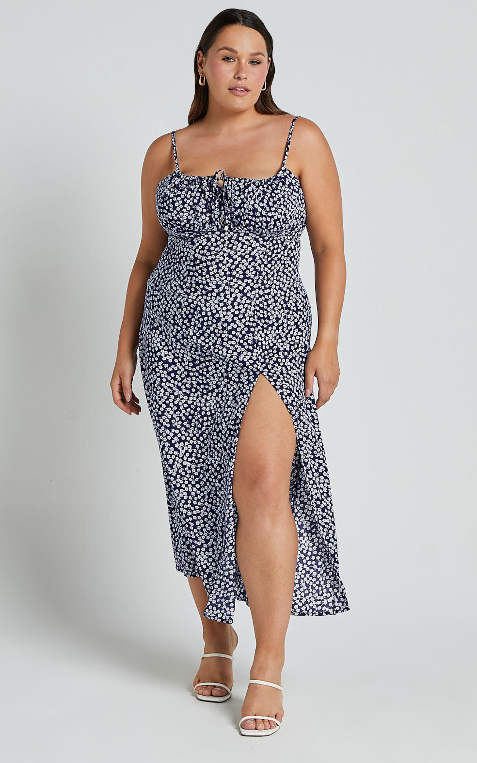 Willa Midi Dress - Ruched Bust Thigh Split Dress in Blue Floral Product Image