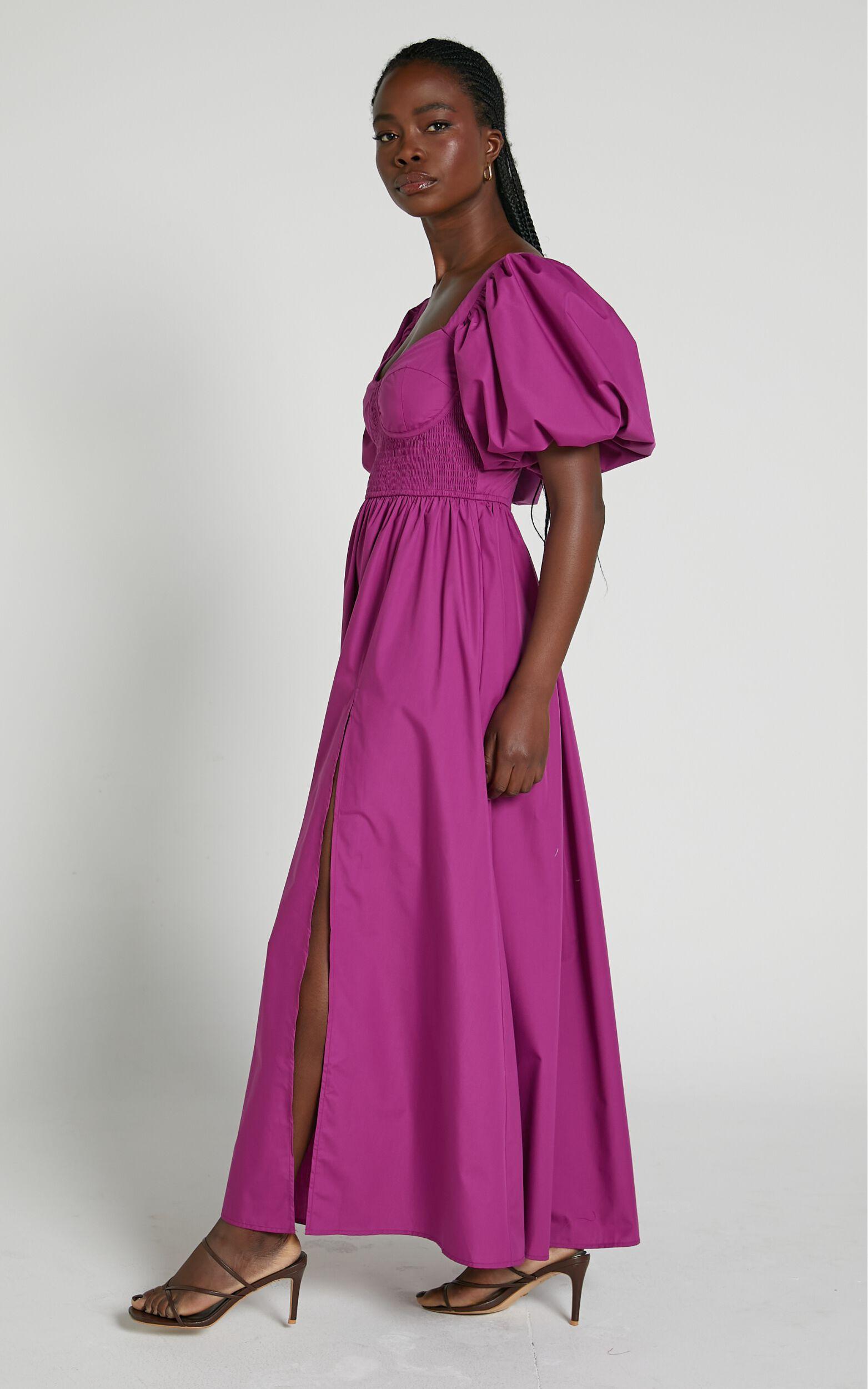 Raiza Midi Dress - Shirred Waist Puff Sleeve Dress in Orchid Product Image
