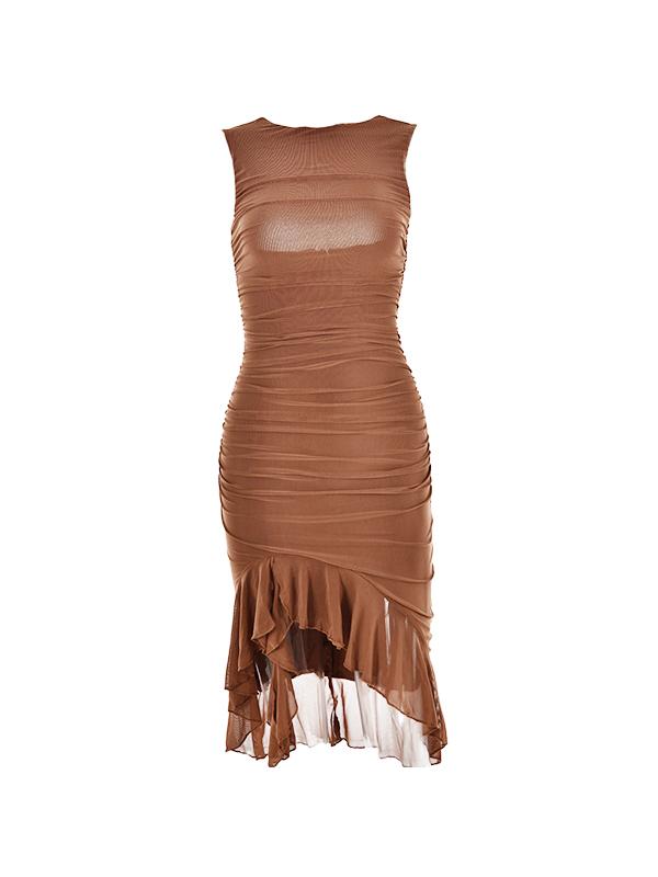 Solid Sleeveless Ruffled Hem Ruched Midi Dress Product Image