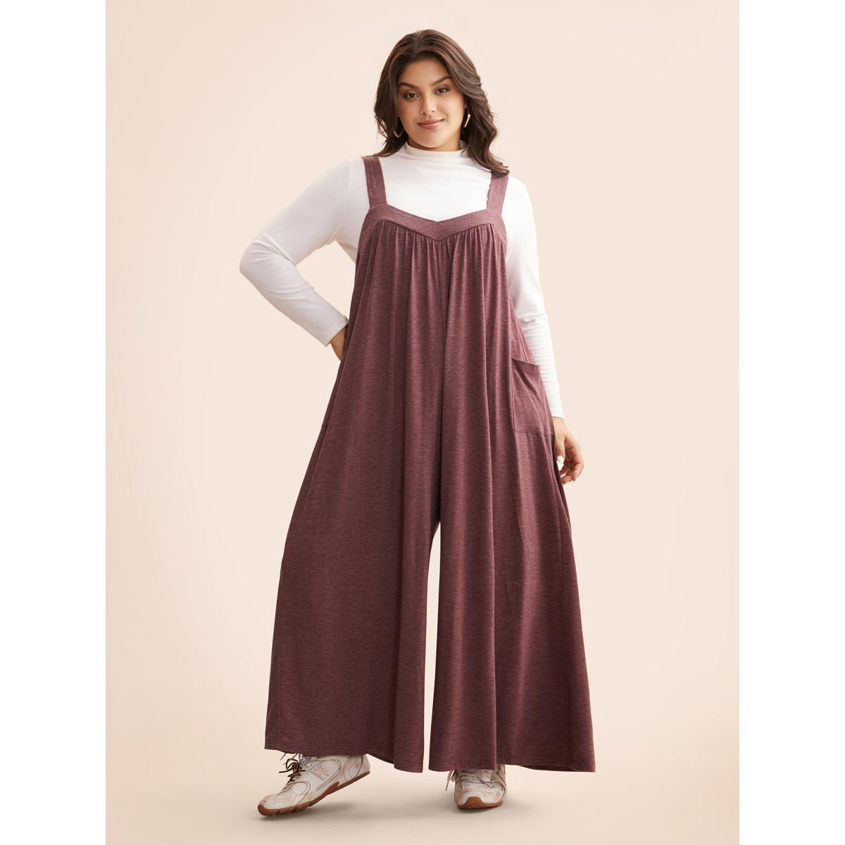 Plus Size Burgundy Heather Gathered Loose-Fit Jumpsuit Women Casual Sleeveless Heart neckline Everyday Loose Jumpsuits BloomChic 12/L Product Image