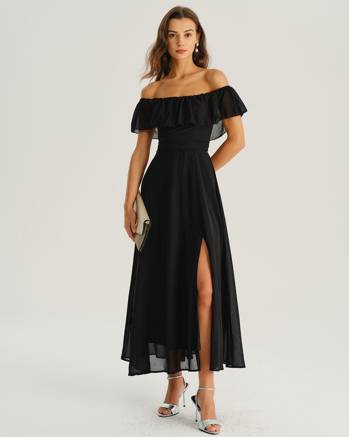 Black Off The Shoulder A-Line Maxi Dress Product Image