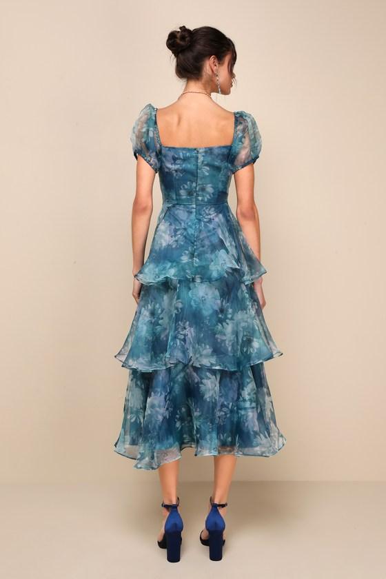 Darling Vision Teal Floral Organza Puff Sleeve Tiered Midi Dress Product Image