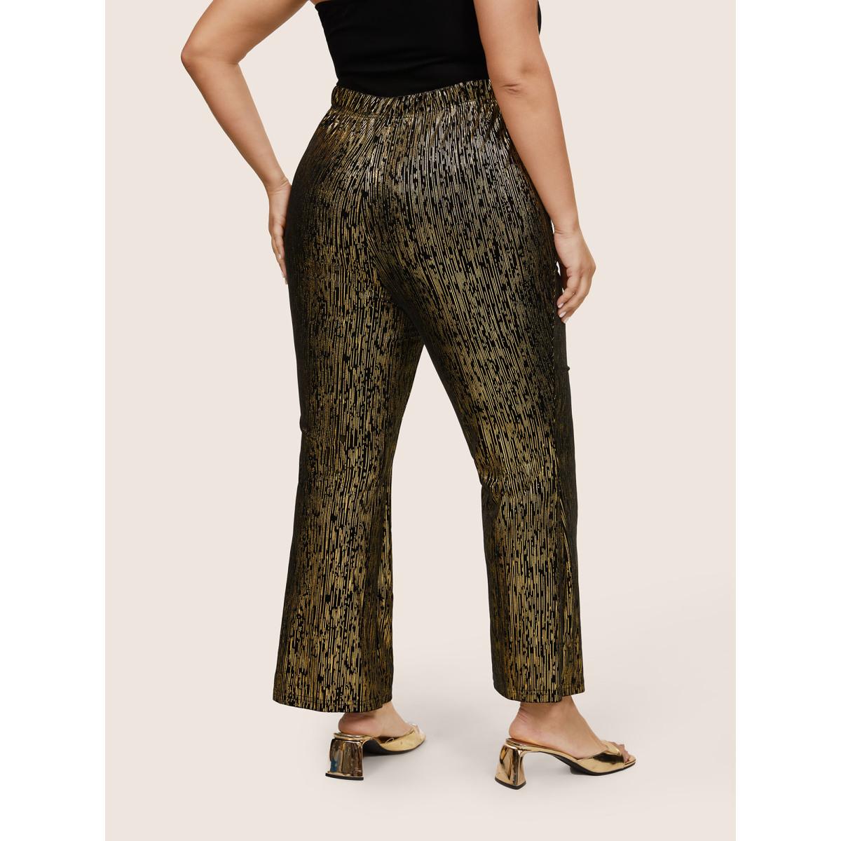 Plus Size Velvet Striped Elastic Waist Flare Leg Pants Women Black Glamour Flare Leg High Rise Party Pants BloomChic 22-24/3X Product Image