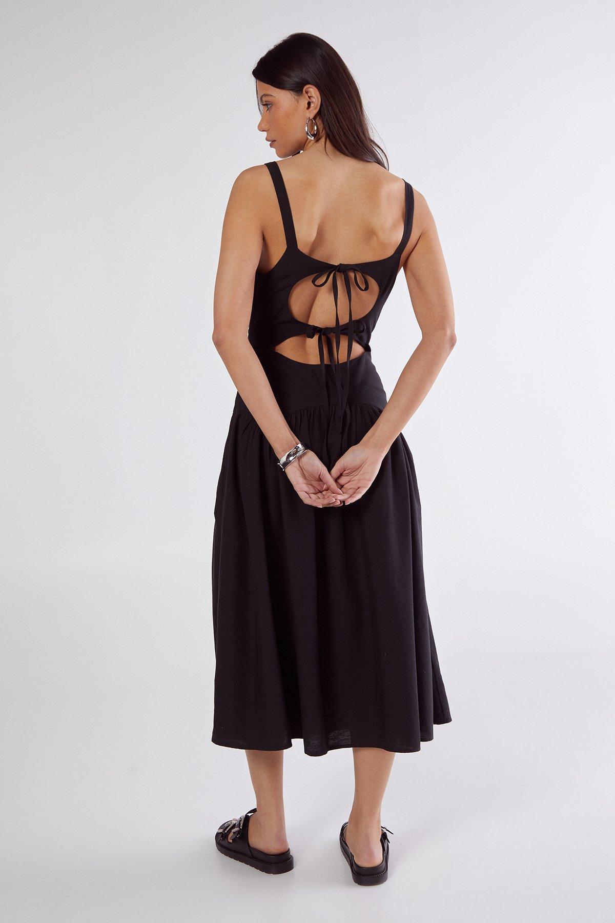 Linen Mix Drop Waist Seamed Midi Dress Product Image