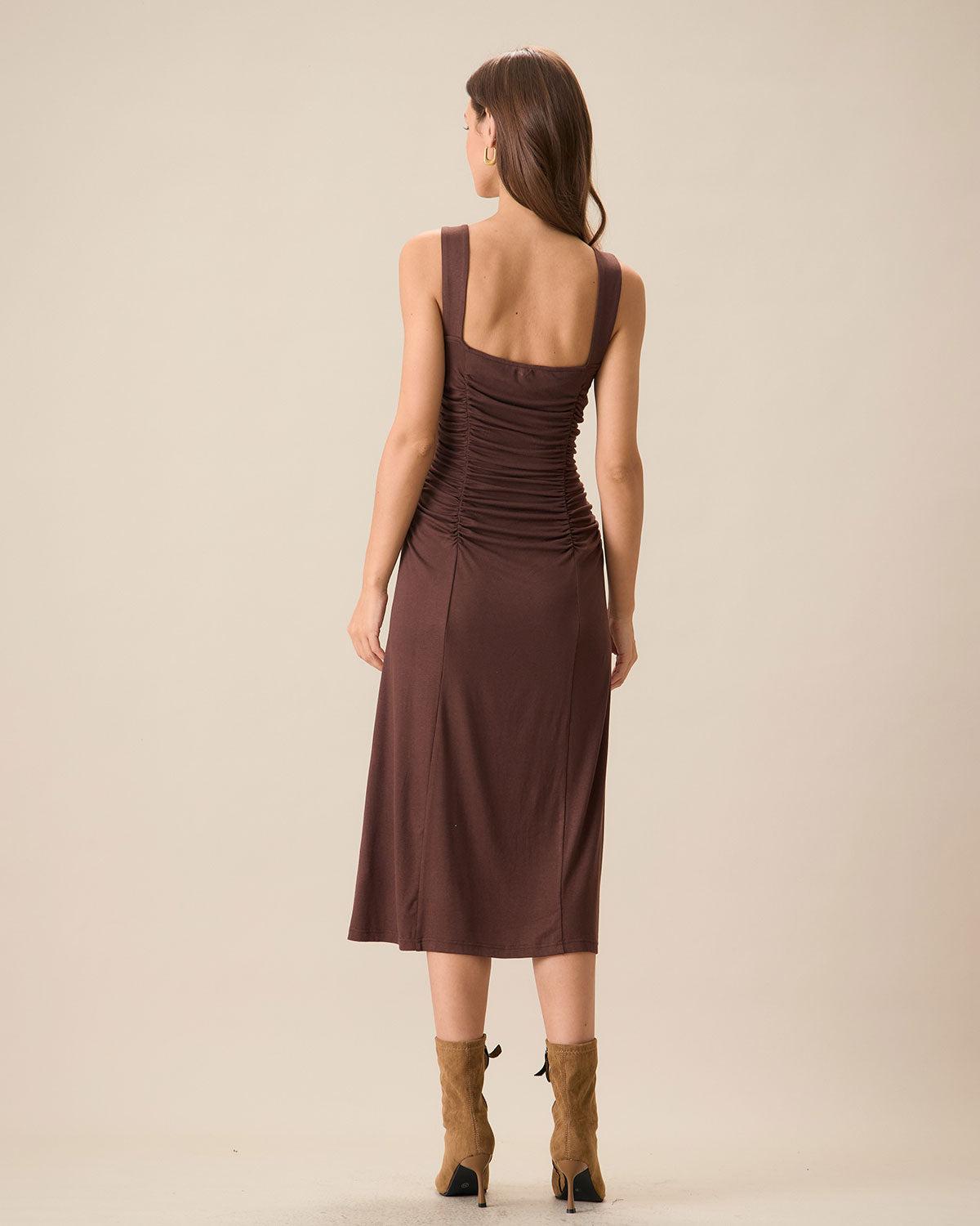 Women's Coffee Ruched Knitted Slip Midi Dress Female Product Image