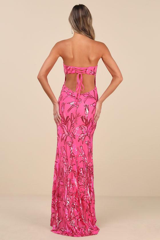 Shimmering Icon Hot Pink Sequin Lace-Up Strapless Maxi Dress Product Image
