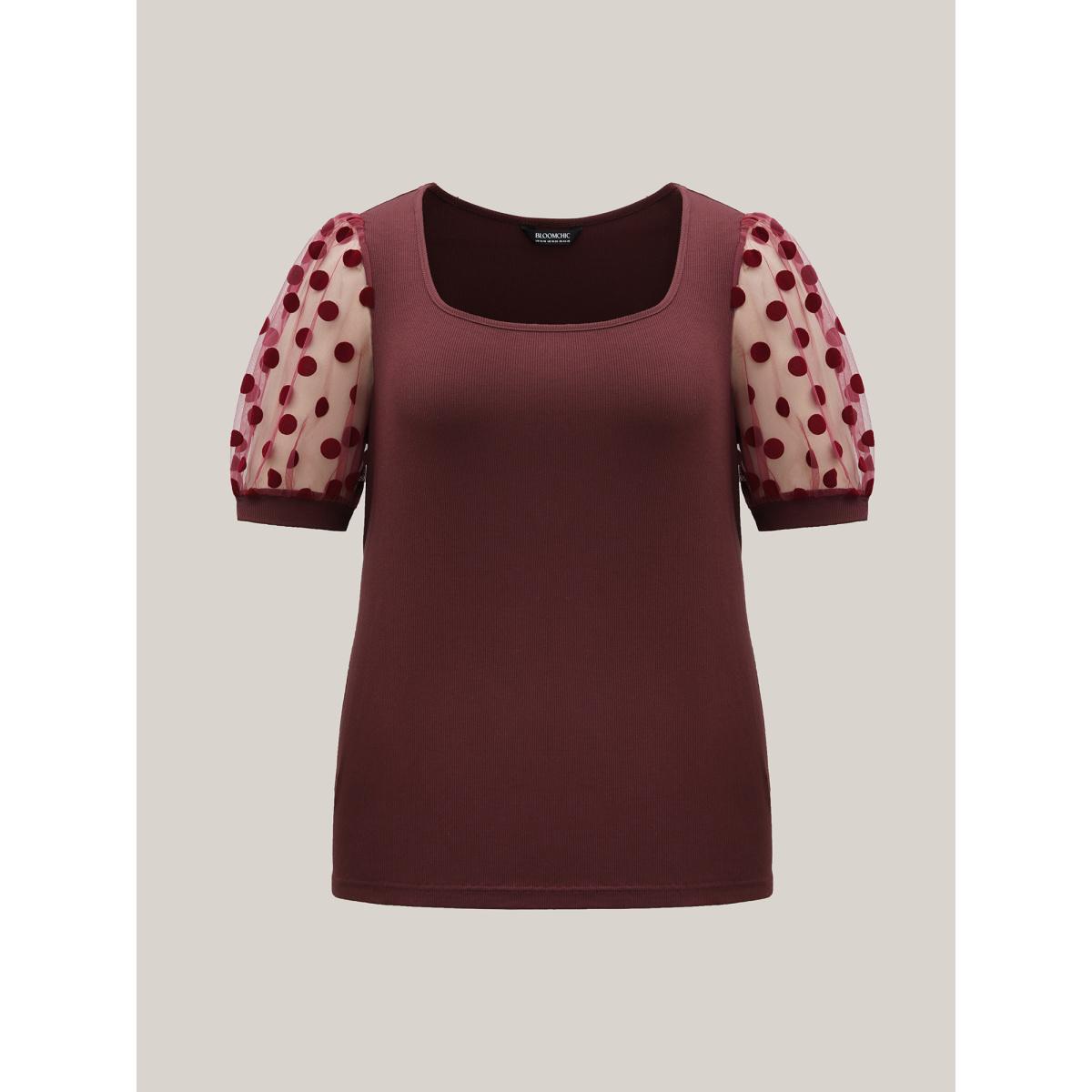 Plus Size Polka Dot Sheer Sleeve Square Neck T-Shirt Burgundy Women Elegant Texture Square Neck Bodycon Everyday T-shirts BloomChic 10/M Product Image