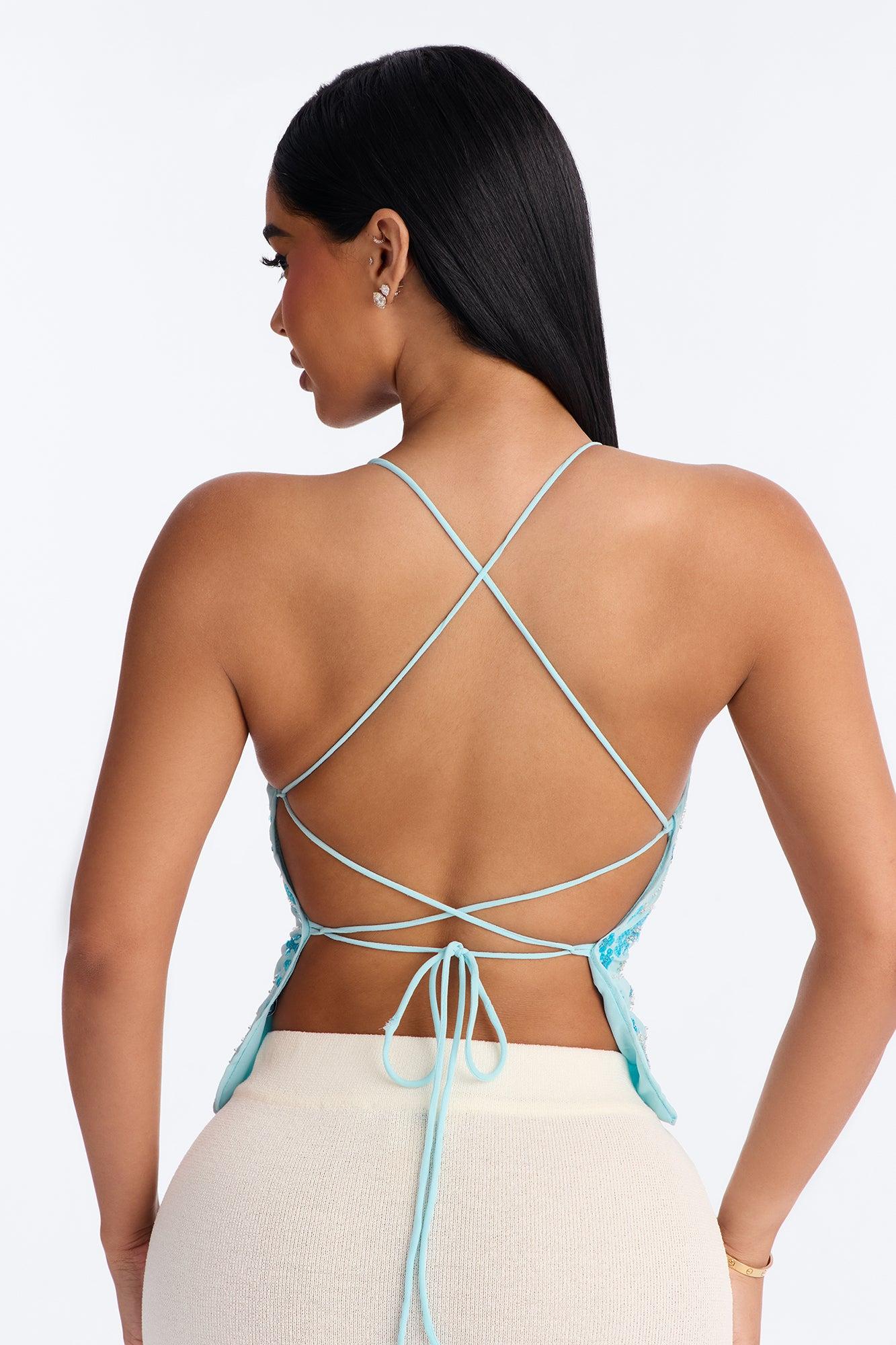 Catch Me Front Row Sequin Strappy Back Top - Light Blue Female Product Image