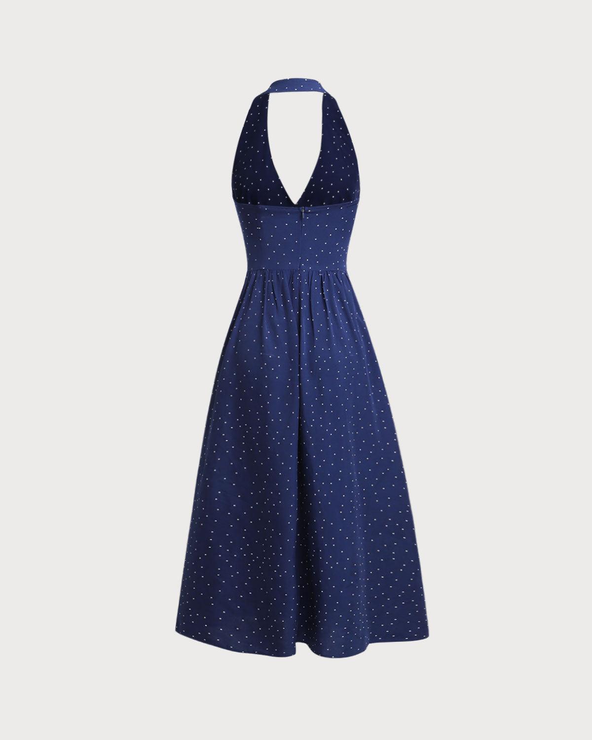 Blue Polka Dot Halter Maxi Dress Product Image