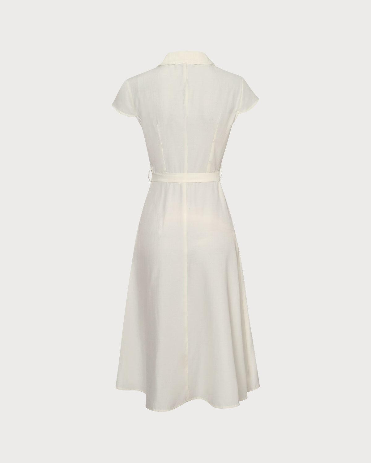 The Beige Lapel Cap Sleeve Shirt Midi Dress Product Image